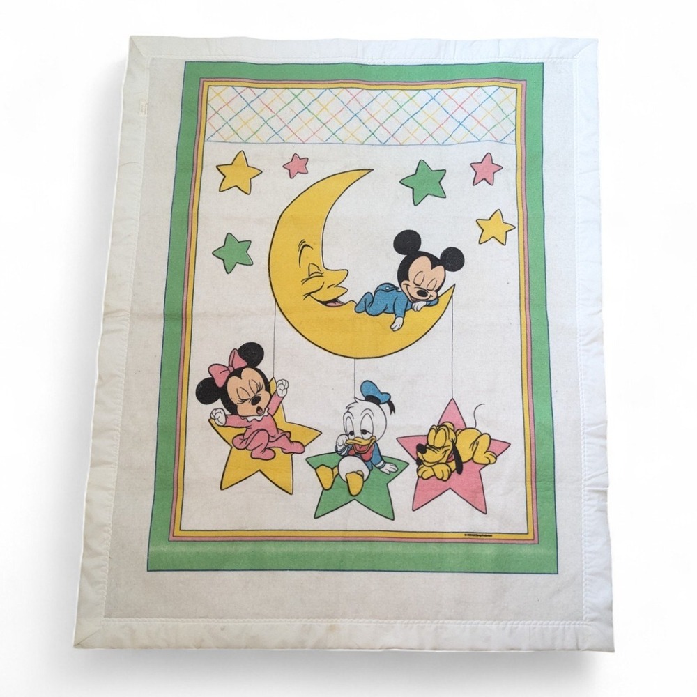 Vintage‎ 1985 Disney Babies Crib Blanket Mickey Mouse Donald Pluto Stars Moon